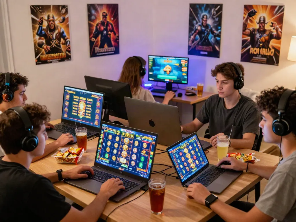 Excited players exploring slot gacor maxwin demo games in a vibrant gaming environment with multiple screens.
