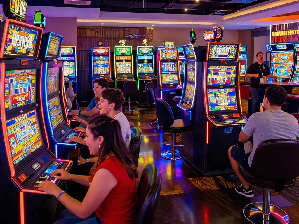 Pengalaman bermain Slot yang menyenangkan di kasino dengan mesin cerah dan suasana ramai.