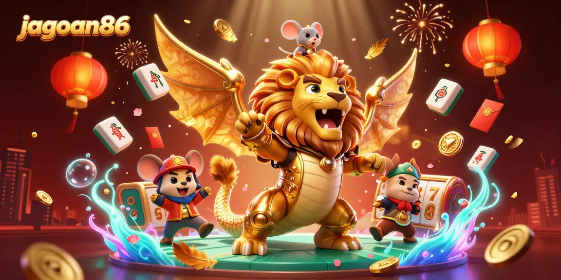 Engage with jagoan86 amidst triumphant casino elements in a vivid 3D illustration.