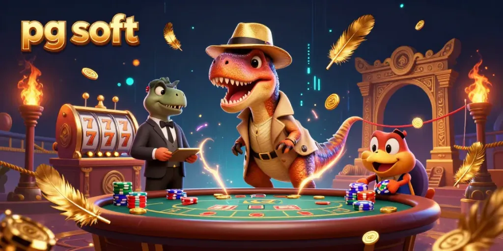 Memenangkan jackpot dengan pg soft di kasino online, memperlihatkan raptor dan karakter unik lainnya.