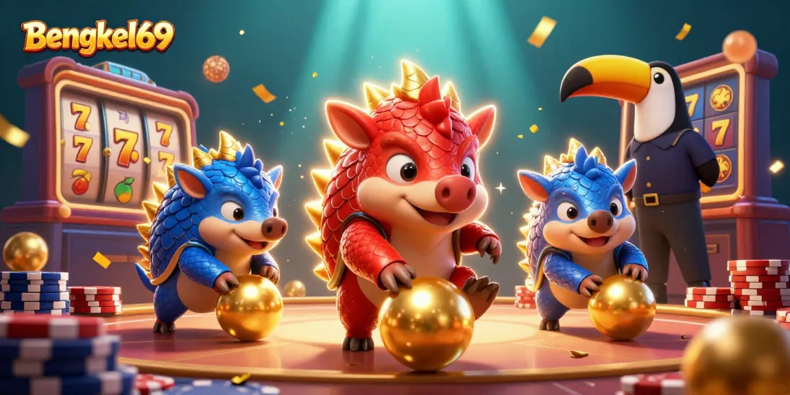 Bengkel69 pangolins competing with slot reels, showcasing exciting action and vibrant casino elements.