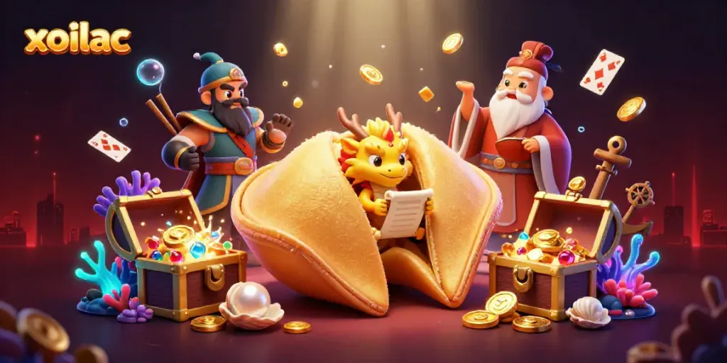 Xoilac players scoring big with golden treasures and dramatic casino elements in vibrant 3D artwork