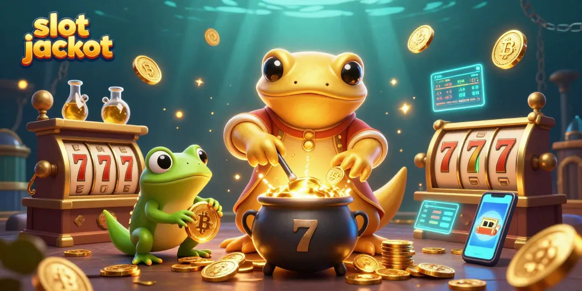 Memainkan slot jackpot dalam ilustrasi 3D penuh warna dengan karakter kartun alkemis emas dan elemen casino.