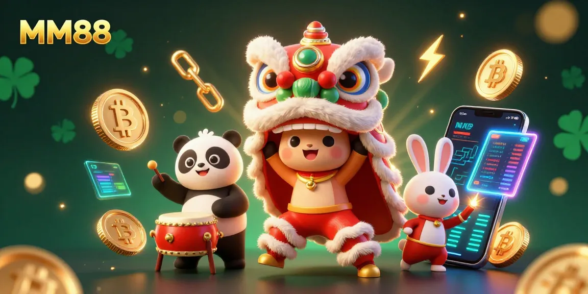 Win big with MM88 in an exciting casino scene featuring vibrant characters and crypto elements.