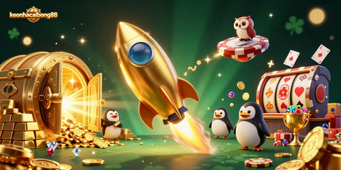 Bet big with keonhacaibong88 - an exciting 3D illustration showcasing a golden penguin on cosmic casino adventures.