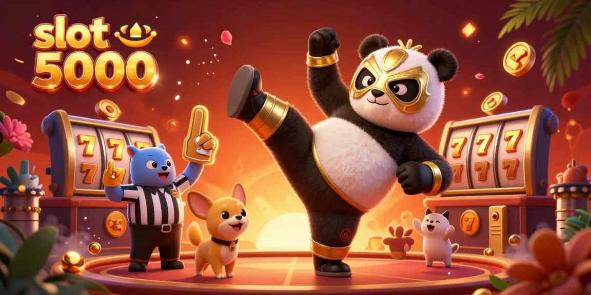 Slot 5000 menghadirkan suasana kasino yang menarik dengan panda pejuang dan wasit chihuahua.