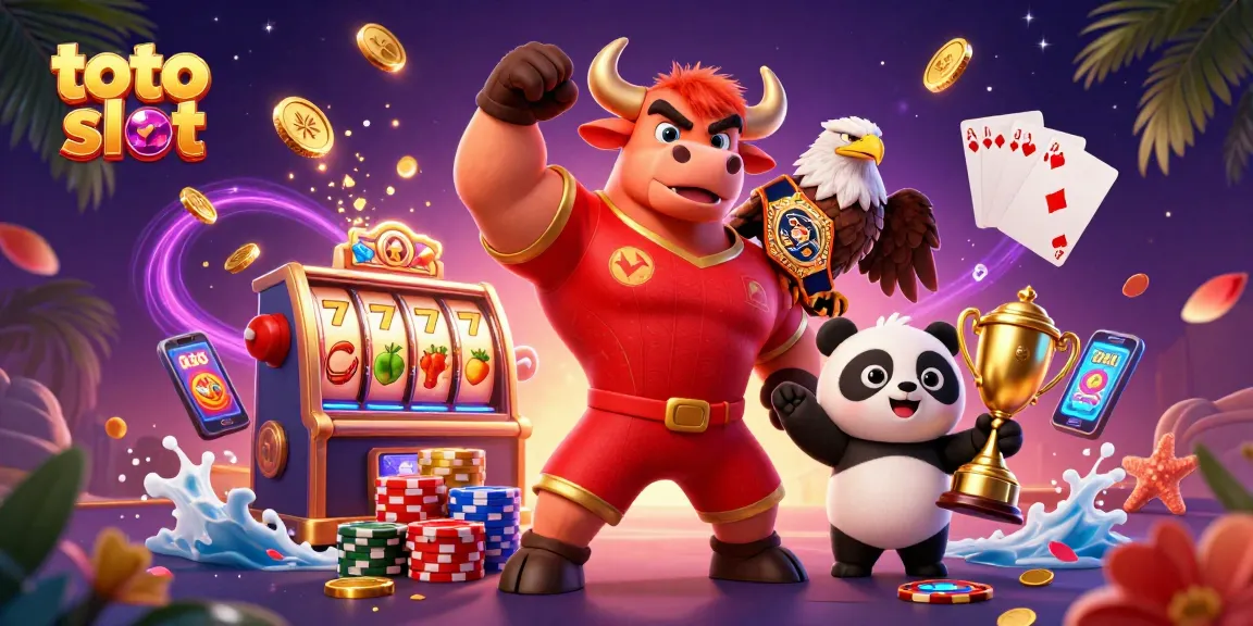 Experience thrilling wins with toto slot as cartoon characters celebrate jackpot moments amidst vibrant casino elements.
