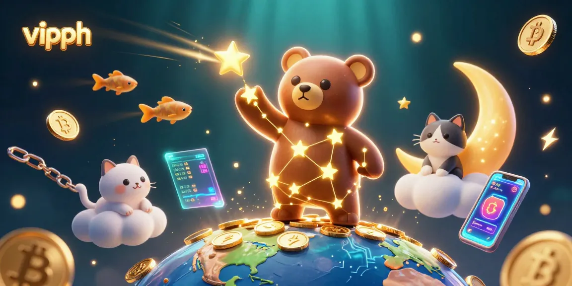 Experience vipph's magical world with a vibrant scene of a constellation bear, fishing for coins amidst crypto-themed elements.
