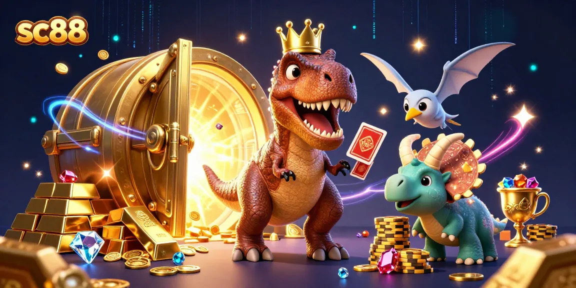 Experience the lively gameplay at sc88 with a T-Rex shuffling cards and friends stacking chips.