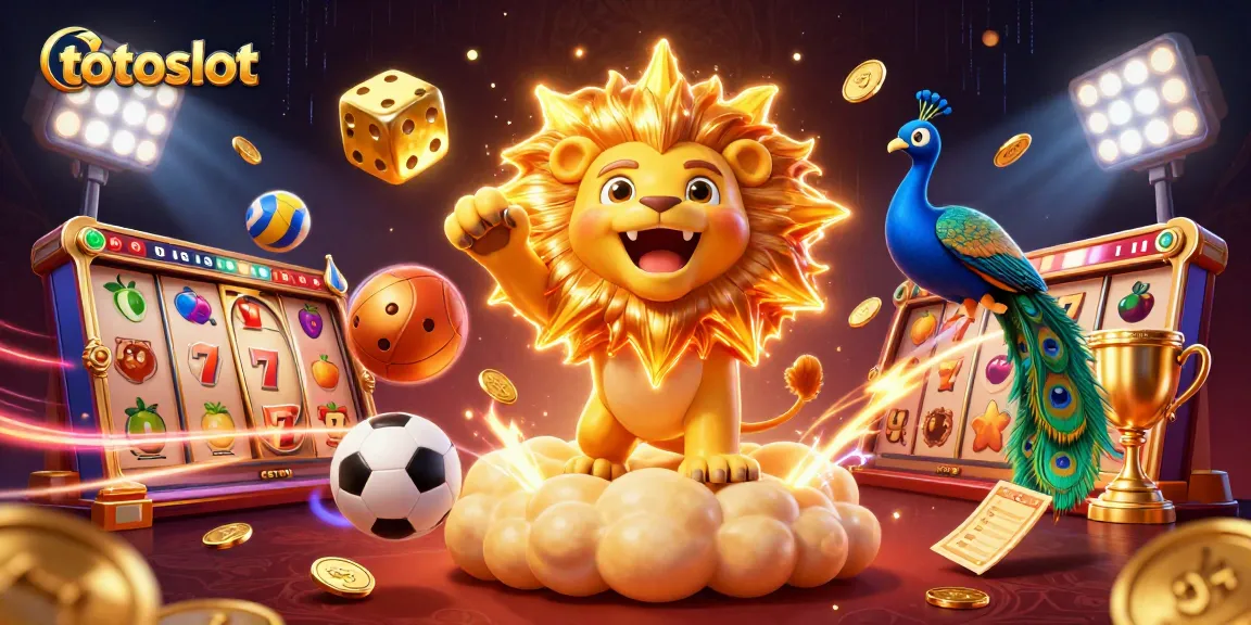 Totoslot's vibrant 3D illustration showcases a triumphant sun lion on golden clouds, embodying online slot excitement.