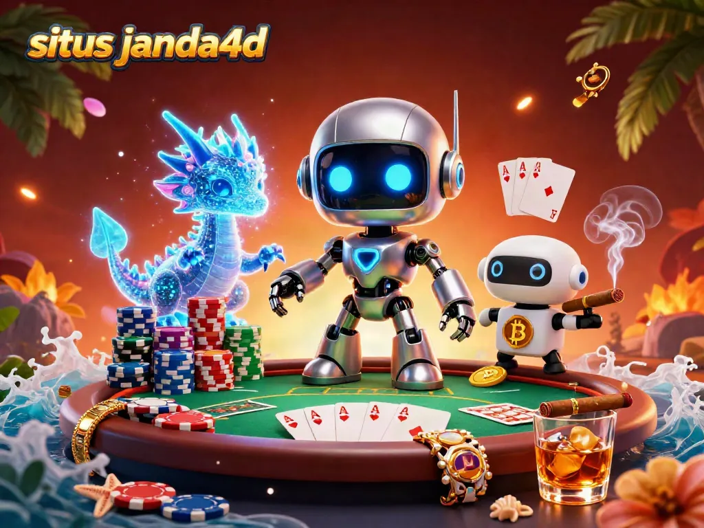 Gambarlah situs janda4d dengan robot cyberpunk dan elemen kasino yang memukau.