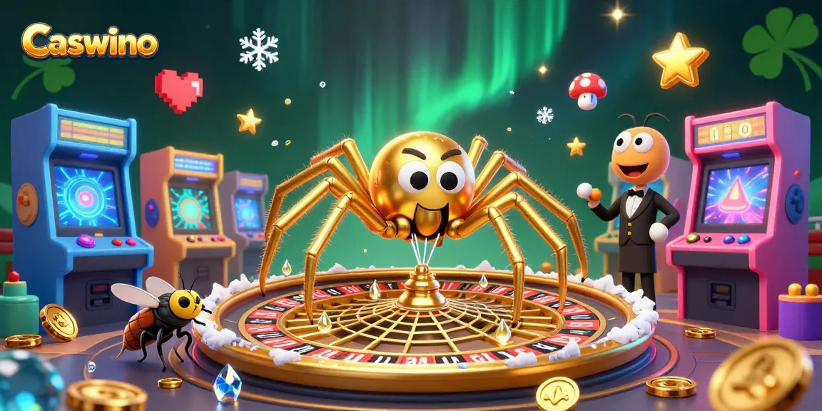 Experience thrilling bets with Caswino in a lively 3D casino scene featuring a roulette wheel web.