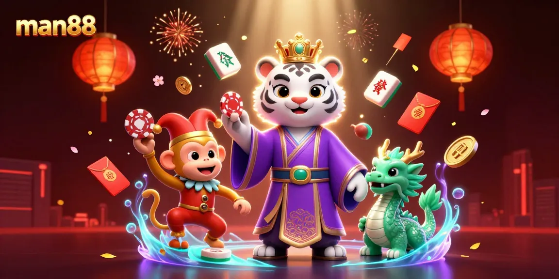 Experience the thrill of man88 with a vibrant scene featuring a tiger, monkey, and magical elements.