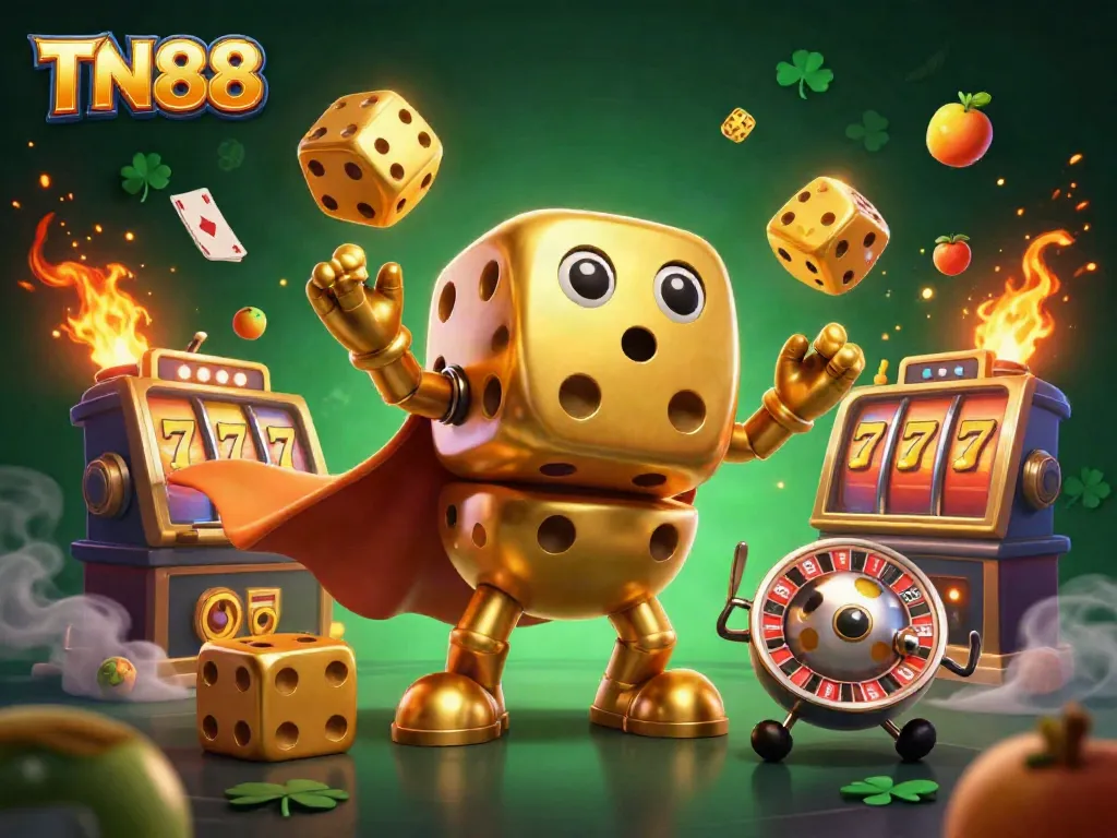 Experience thrilling slots at TN88 with a dynamic golden dice golem juggling fruit symbols and lucky 7s.