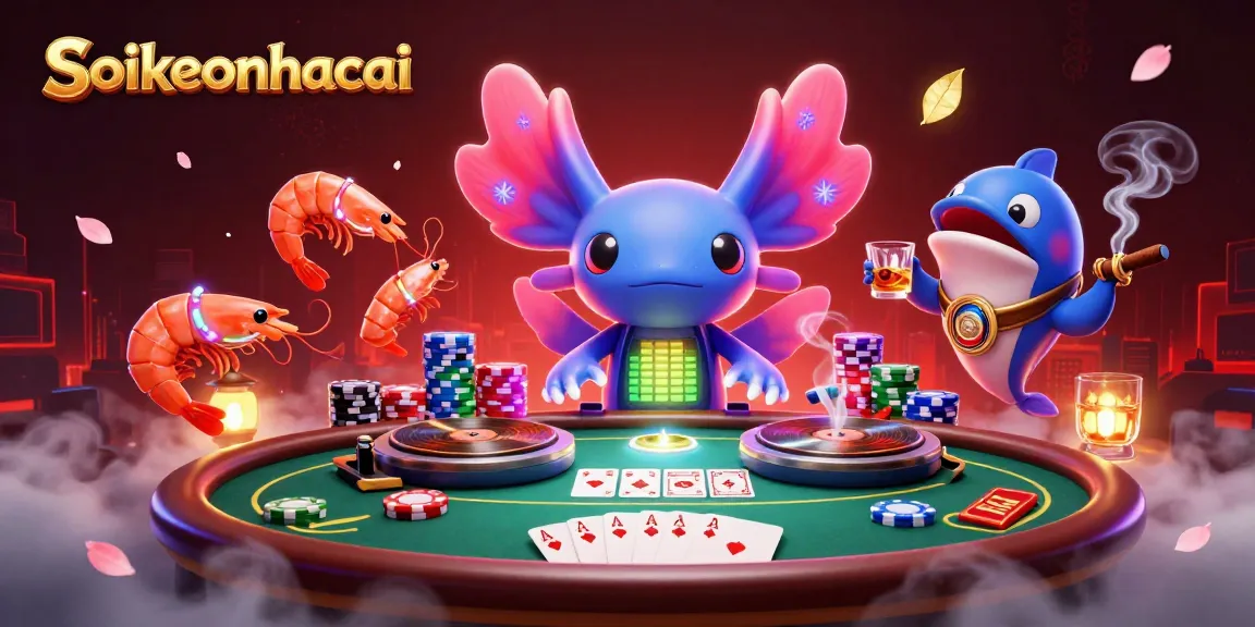 Engage with dynamic soikeonhacai scene featuring a neon axolotl DJ spinning poker-themed elements amid vibrant underwater characters.