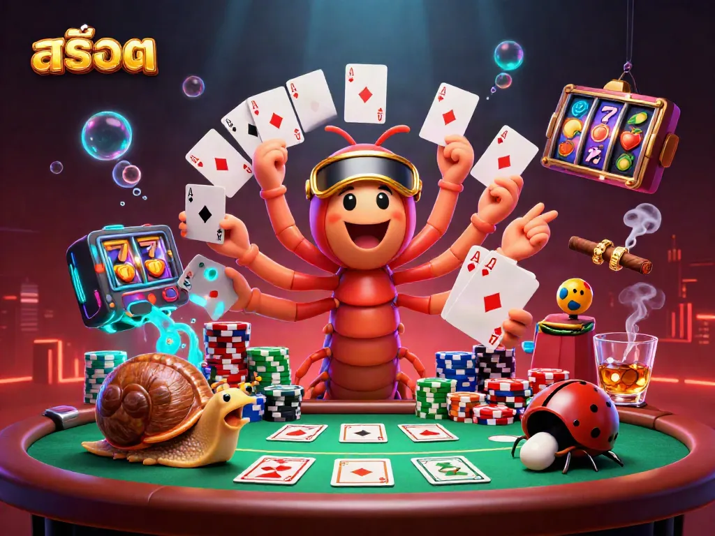 Experience the thrilling world of สล็อต with a vibrant casino scene featuring a playful millipede dealer and high-roller snail.
