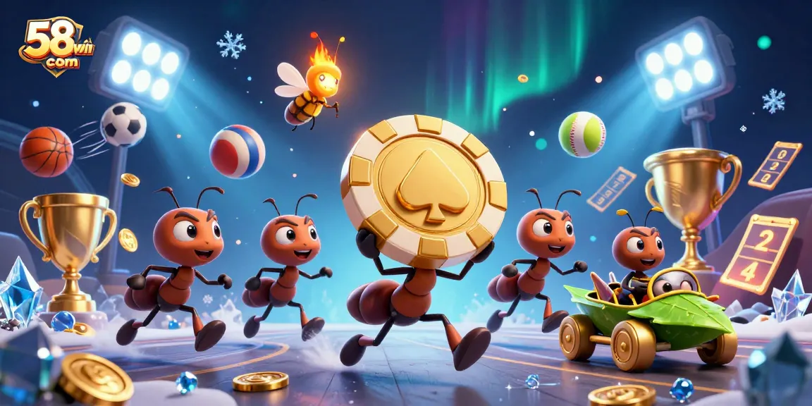Experience thrilling action at 58win com as ants execute a poker heist surrounded by dynamic sports elements.