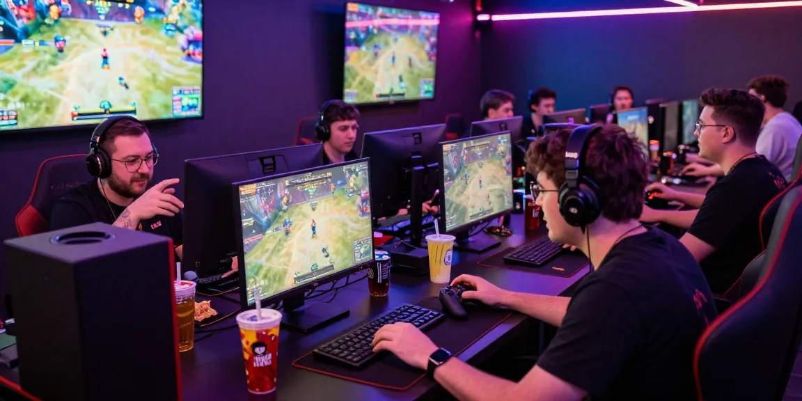 Exciting hit club gaming scene with players competing in tournaments.