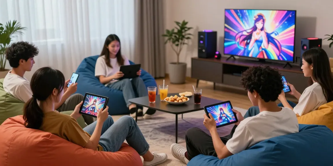 Group playing engaging hentai games in a cozy living room setting.