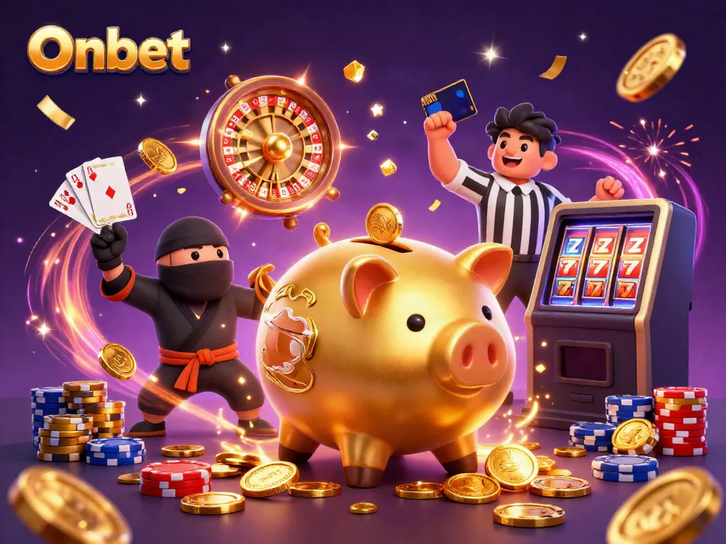 Experience the excitement of Onbet with a lively casino scene featuring a golden piggy bank sumo wrestler, wallet-ninja, and referee.