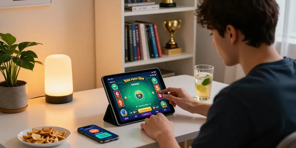 Player enjoying Teen Patti Gold on a tablet in an inviting gaming setup, highlighting the online portal experience with colorful visuals and cozy atmosphere.