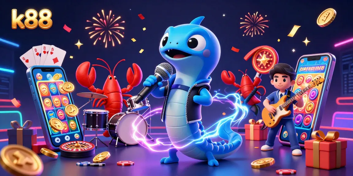 K88 casino scene featuring vibrant electric eel DJ, lobster drummer, and seahorse guitarist performing with exciting slot games and colorful casino elements.