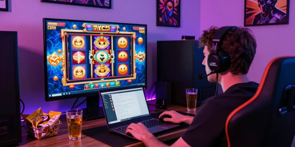 Player enjoying slot online game in a cozy gaming setup with vibrant visuals and snacks.