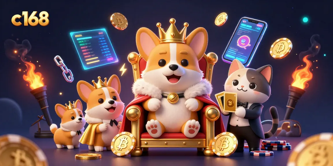 C168 casino scene with an animated corgi king and butler presenting golden cards amidst poker chips