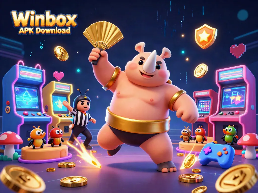 Winbox APK Download featuring a colorful 3D casino scene with fun gaming elements and characters.