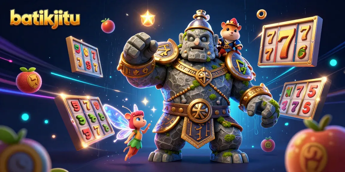 Batikjitu memainkan slot dengan golem kuno, peri sihir, dan hamster kesatria, dikelilingi simbol permainan yang menarik.