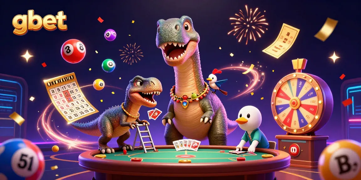 Engage with gbet's festive casino scene featuring a brontosaurus, clever raptor, and vibrant gaming elements.