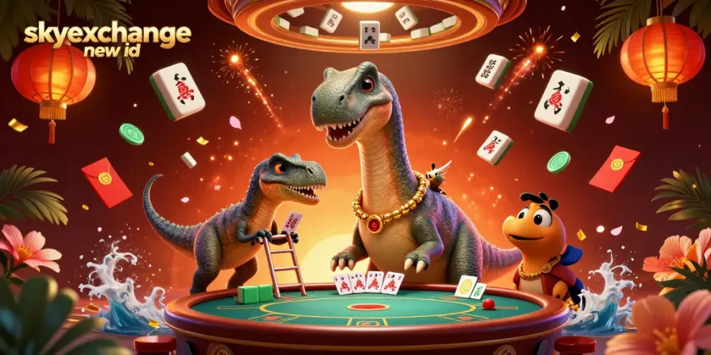 Engage in action with the skyexchange new id, where a giant brontosaurus greets players at a vibrant casino scene.