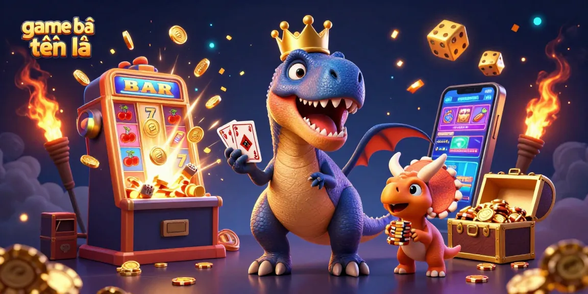 Experience thrilling game bài tiến lên action with a dynamic T-Rex, pterodactyl, and triceratops in a vibrant casino scene.
