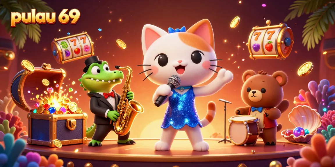 Experience the excitement of pulau 69 with a jazzy cat, croc, and bear cub surrounded by vibrant casino elements.