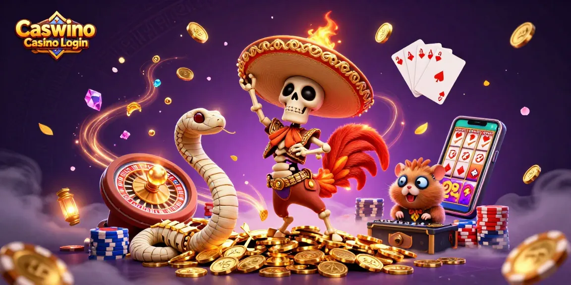 Join the fun with Caswino Casino Login featuring a skeleton mariachi, dancing over gold coins in a lively casino scene.