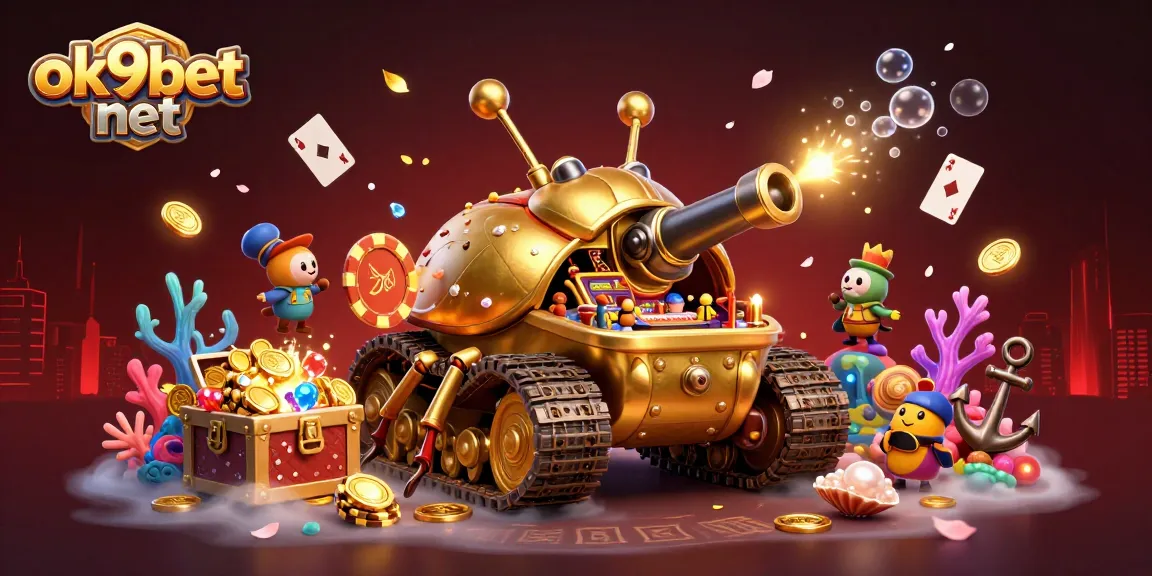 Experience the excitement of ok9bet net with a vibrant 3D casino scene featuring a golden beetle tank and lively game elements.