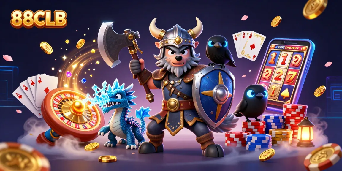 88CLB Viking wolf warrior celebrates with coins and cards in a colorful gambling scene.