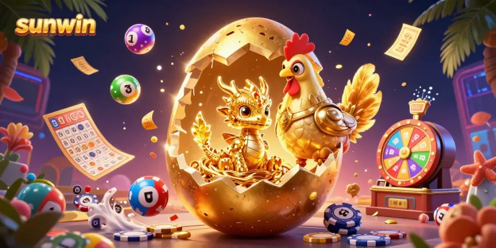 Experience the thrill of sunwin with a golden dragon on poker chips amidst colorful lottery elements.
