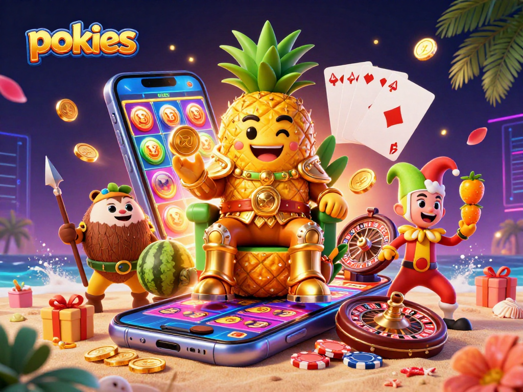 Experience exciting pokies with golden pineapple king and fruity characters in a vibrant casino scene.