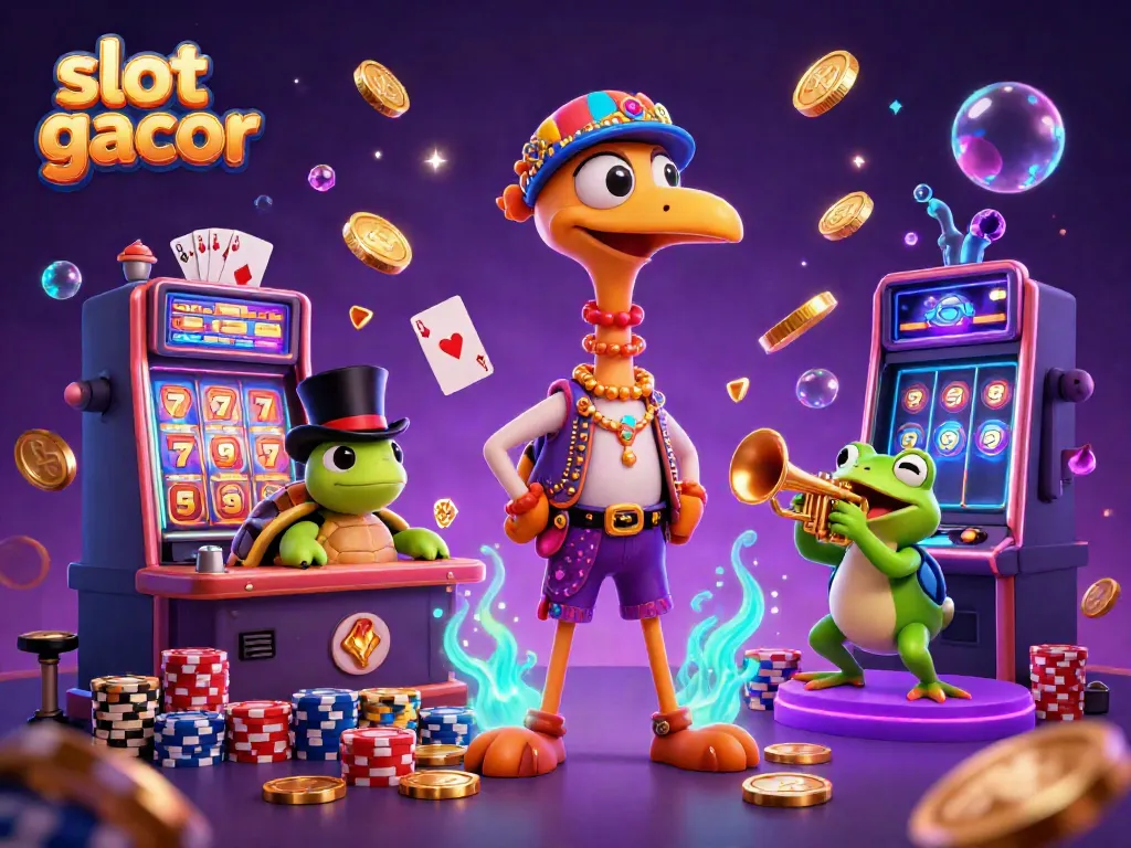 Menyemarakkan permainan slot gacor dengan suasana kasino penuh warna dan karakter ceria.