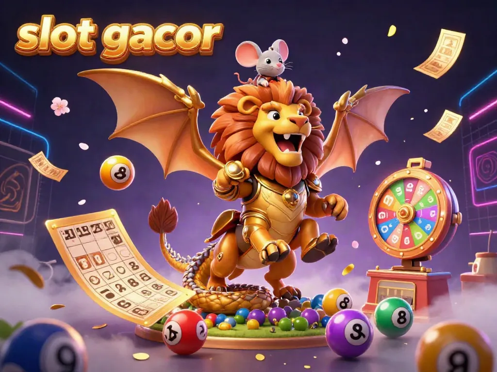 Slot gacor menampilkan chimera kartun dalam suasana kasino penuh warna dengan lotere, bingo, dan efek uang.