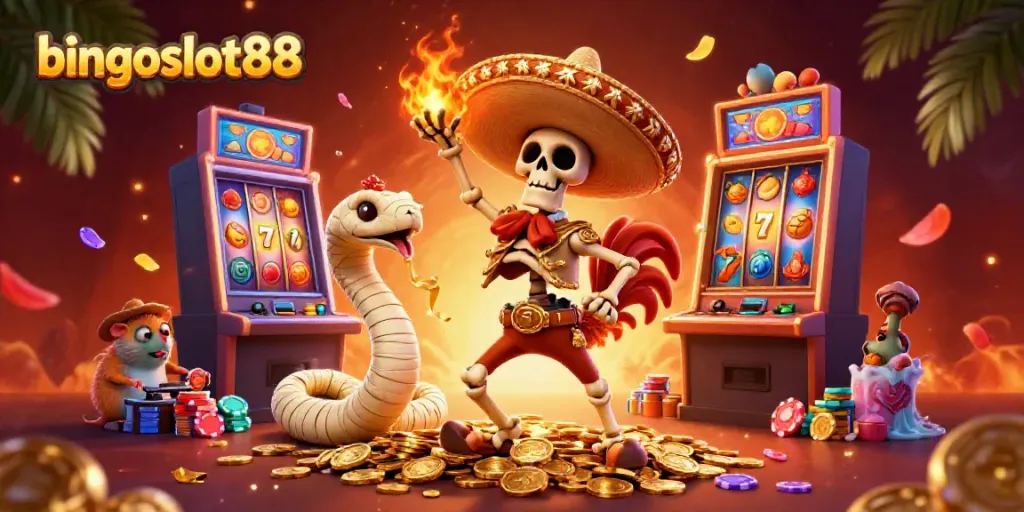 Mengguncang jackpot di bingoslot88 dengan kartun kerangka mariachi dan slot berwarna-warni.