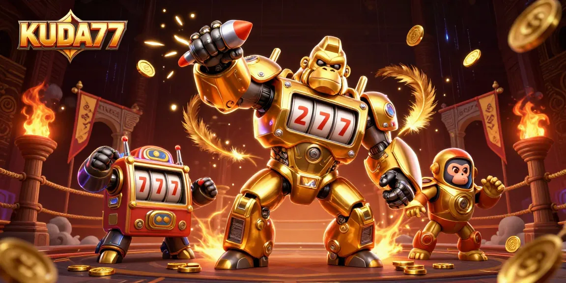 KUDA77 menghadirkan ilustrasi kasino 3D dinamis dengan gorila emas mecha dan elemen permainan.