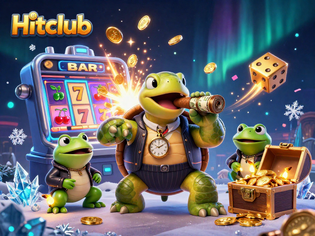 Hitclub's massive snapping turtle steals the scene in a colorful casino adventure illustration.