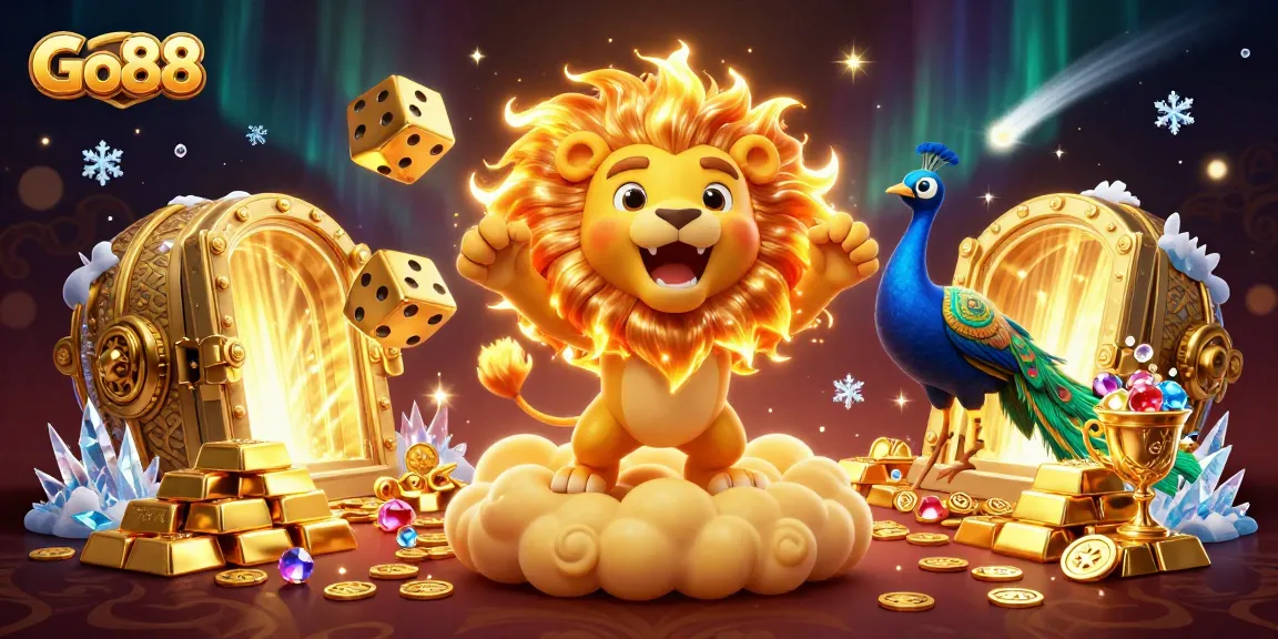 Win big at Go88 with vibrant casino elements, showcasing golden treasures and dynamic characters.