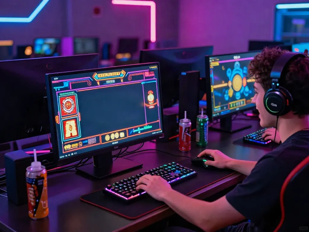 A thrilling akunjp gaming moment featuring a player immersed in a vibrant digital casino.