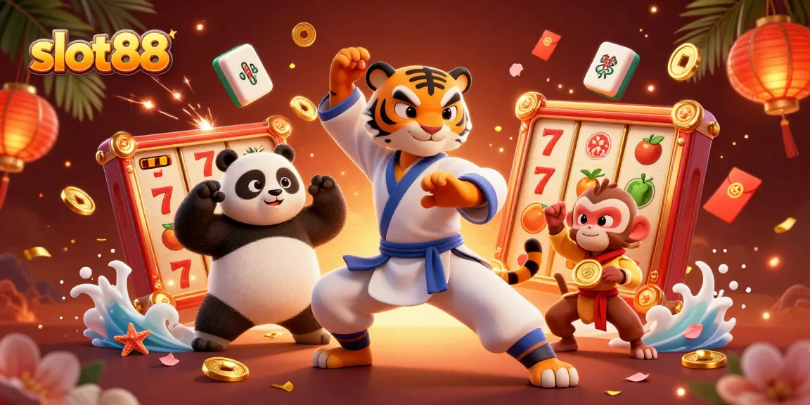 Experience thrilling wins at slot88 with a dynamic illustration of gaming excitement and playful characters.
