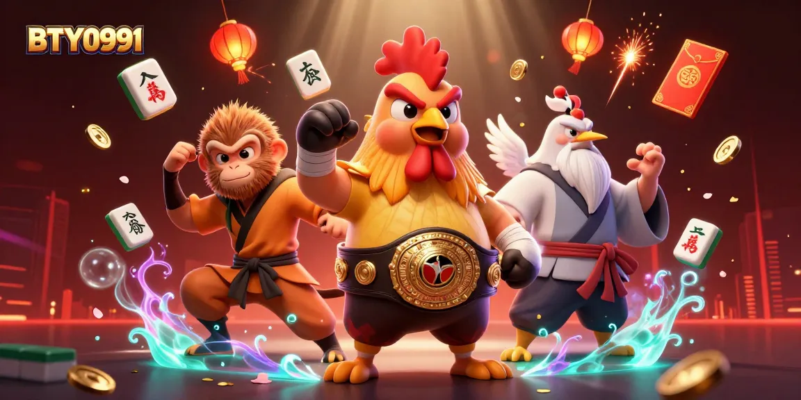 BTY0991-themed 3D illustration showcasing vibrant casino elements and martial artist characters.