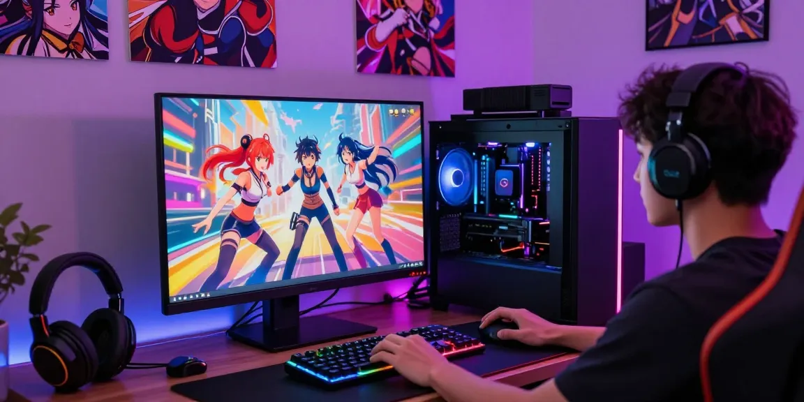Player immersed in hentai games on a vibrant gaming setup with colorful visuals and anime art.