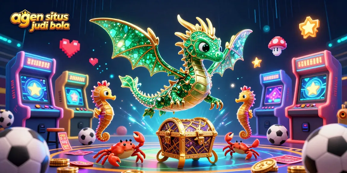 Experience thrilling sports betting with agen situs judi bola in a vibrant 3D gaming scene featuring dragons and arcade elements.